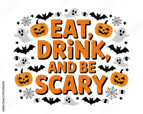 Halloween typographic art design with pumpkins, ghosts, and bats  
