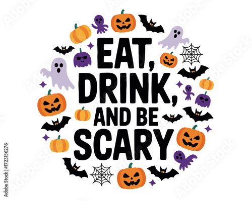 Halloween-themed typographic art design with pumpkins and ghosts  