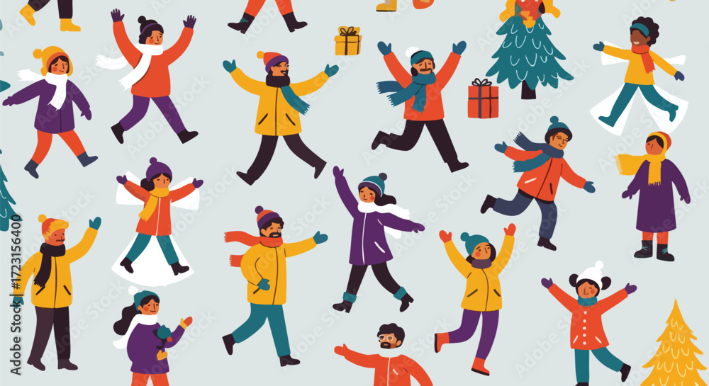 Naklejka premium Joyful diverse people celebrating winter fun with snow falling and festive trees creating a vibrant holiday atmosphere