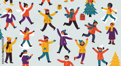 Joyful diverse people celebrating winter fun with snow falling and festive trees creating a vibrant holiday atmosphere