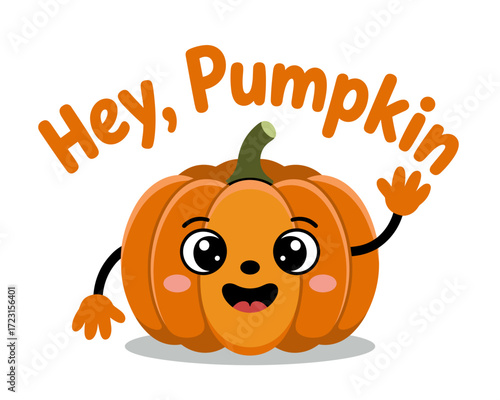 Cute cartoon pumpkin waving and smiling with friendly expression  