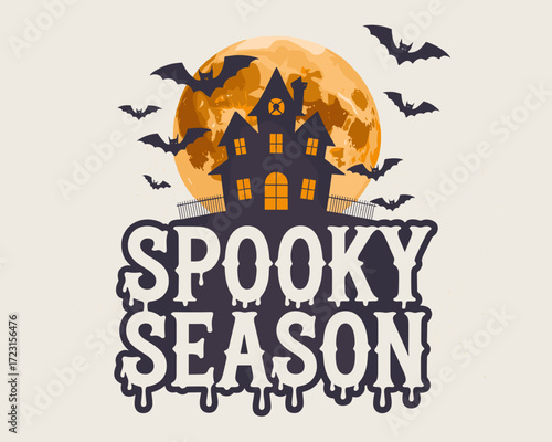 Spooky season with haunted house and bats under full moon concept of typographic art design  