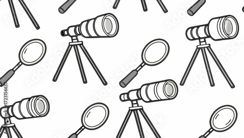 Repeating Pattern of Magnifying Glasses and Telescopes on Tripods