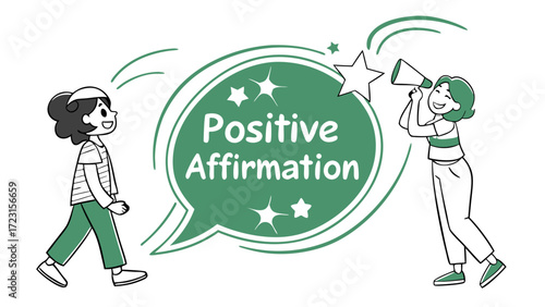 Positive Affirmation Cartoon Woman with Megaphone and Walking Person with Speech Bubble
