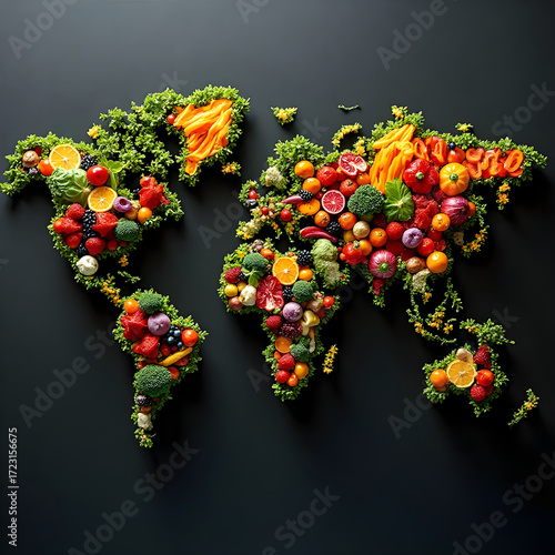 Fototapeta Naklejka Na Ścianę i Meble -  A world map made of fruits and vegetables on dark background