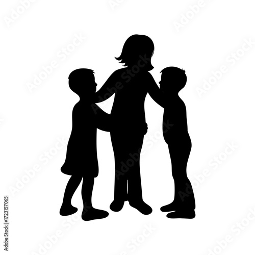 Silhouette of a Mother and Two Children in a Tender Embrace