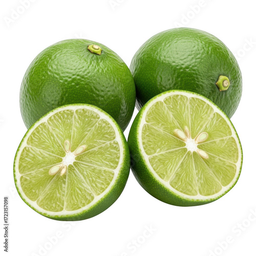 Fresh ripe limes one whole and two halved isolated on transparent background