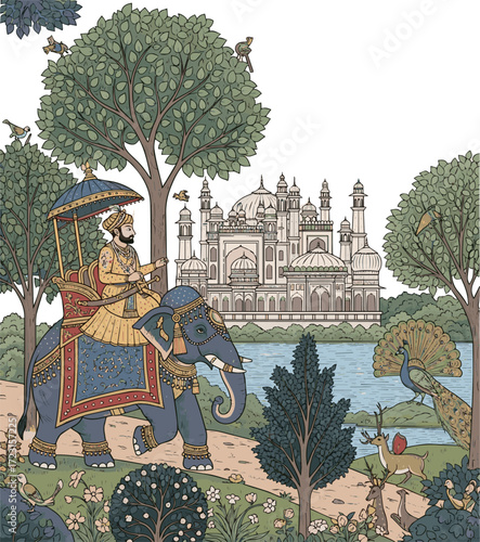 Create a Mughal forest landscape with emperor on elephant, palace, peacock, lake, lush trees vintage illustration vector art with white background..