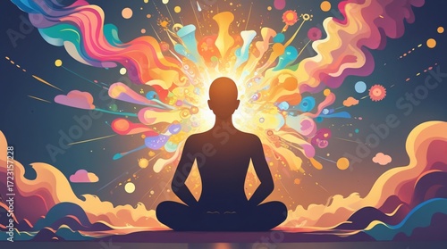 Silhouette of a person meditating in lotus position with radiant colourful energy explosion and abstract light bursts symbolizing spiritual awakening, inner peace, mindfulness, creative enlightenment.
