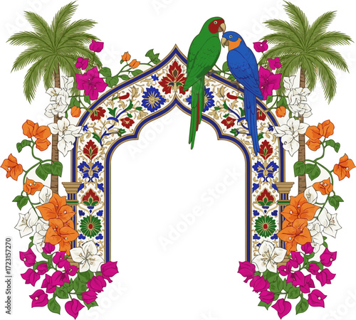 Create a Mughal ethnic pattern, arch, palm tree, bougainvillea flowers, parrot illustration for wedding invitation vector art with white background.