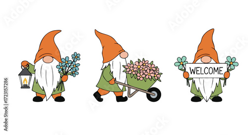 Charming garden gnomes with flowers and welcome sign ready to greet guests with warmth and whimsy for your projects