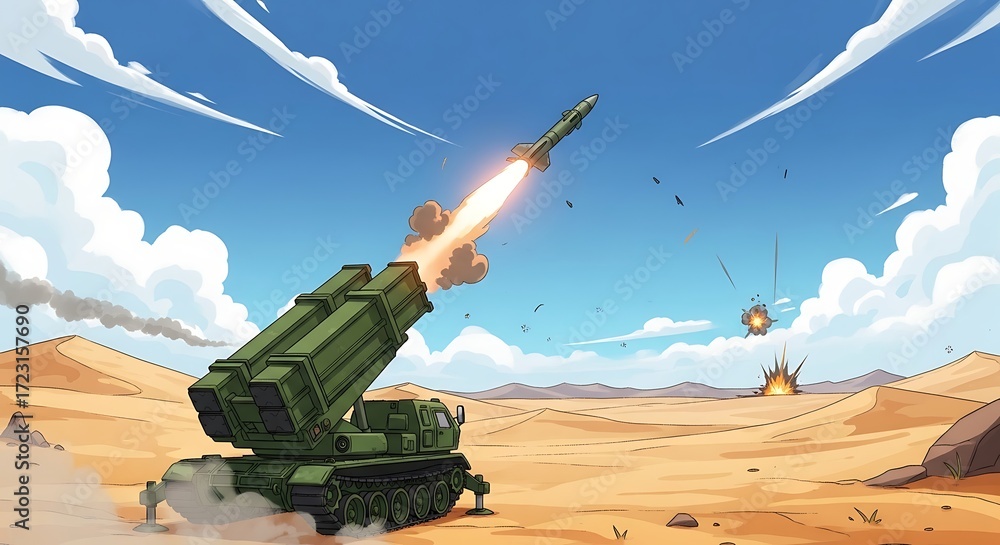 Obraz premium Military Missile Launch in Desert Landscape.