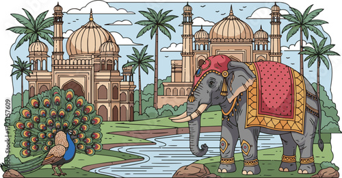  Create a Mughal Indian landscape with elephant, peacock, domed architecture, palm trees, flowing water illustration vector art with white background.
