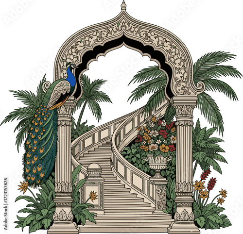 Create a Mughal garden arch with column, tropical plants, peacock, flower vase, and staircase decorative frame vector art with white background..