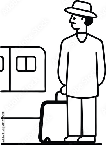 traveler with suitcase waiting at train station line art