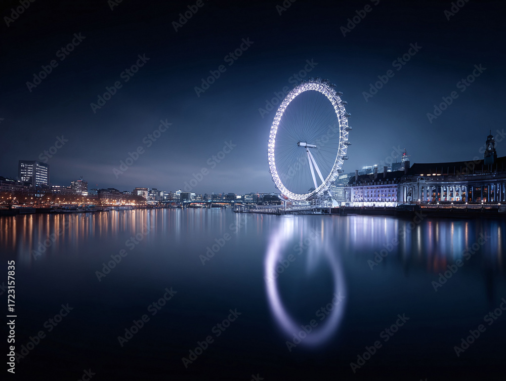 Obraz premium Dramatic nighttime cityscape reflecting in calm waters. A large observation wheel stands illuminated against the dark sky. Use for travel, tourism, or urban concepts.