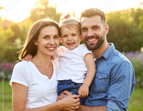 A happy family smiles outdoors