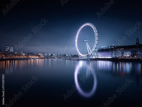 Dramatic nighttime cityscape reflecting in calm waters. A large observation wheel stands illuminated against the dark sky. Use for travel, tourism, or urban concepts.