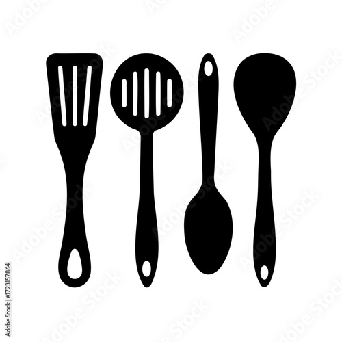 Four essential kitchen utensils in striking black and white silhouette art