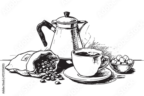Still life drawing of a coffee pot, cup of coffee, coffee beans, and sugar cubes, isolated on Transparent Background