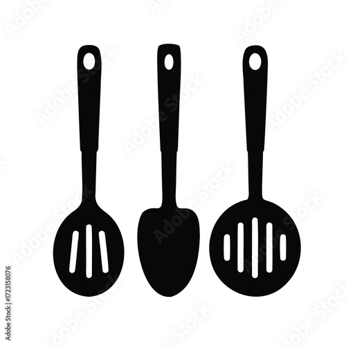 Three different kitchen utensils illustrated with black silhouettes on a white background
