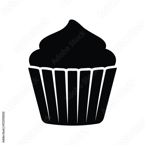 Black and white illustration of a delicious frosted cupcake, simple design
