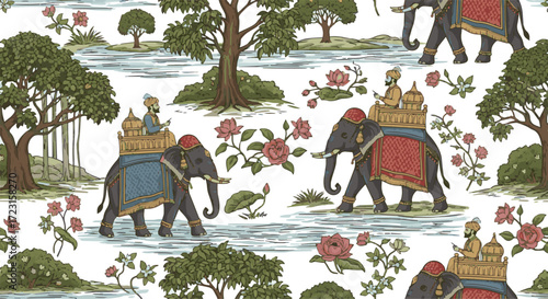 Create a Seamless vintage pattern of Mughal emperors on elephants, surrounded by rivers, trees, and floral beauty illustration vector art with white background.
