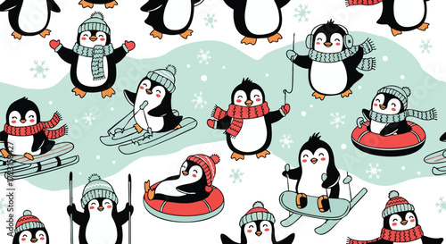 Adorable penguins enjoying winter sports like skiing, snowboarding, and tubing in a playful, snowy scene