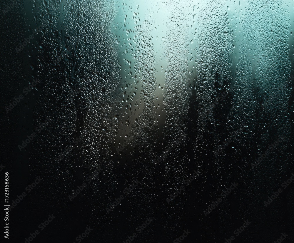 Obraz premium Misty Window: A close-up view of a window covered in condensed droplets, evoking a sense of stillness and introspection with blurred background.