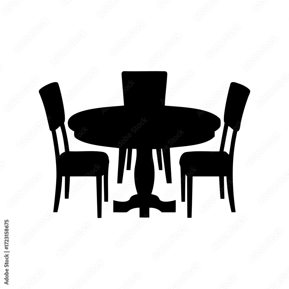Fototapeta premium Silhouette of a round dining table with three chairs surrounding it