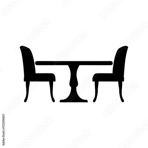 Elegant table and chairs set in black silhouette on white background