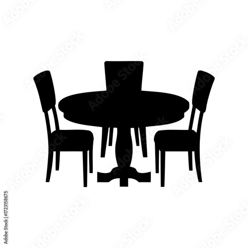 Silhouette of a round dining table with three chairs surrounding it