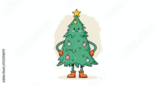 Whimsical Christmas tree character with festive ornaments, star, and boots, ready to spread holiday cheer and festive vibes