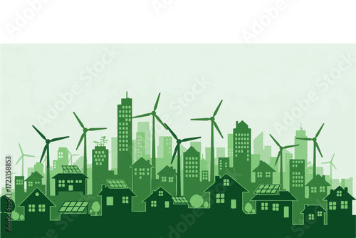 Green cityscape silhouette with wind turbines and solar panels, representing ecofriendly urban living