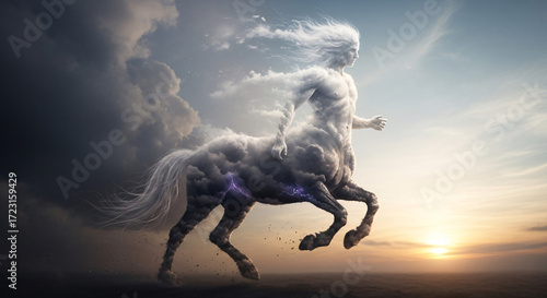 Cloud centaur galloping in sky with vapor torso and thunder legs
