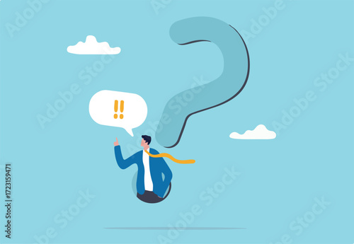 Answer business question, determination or sill and decision to solve problem, FAQ frequently asked questions concept, determination businessman comes out from question mark sign to answer question.