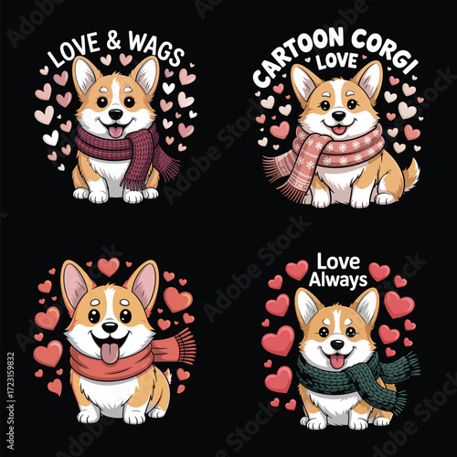 Corgi dogs with scarves and hearts cartoon illustration
