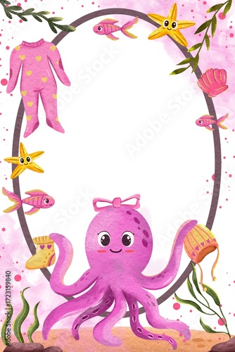 Ocean Theme Baby Shower Party Invitations for Baby Girl with Octopus and Cute Sea Creatures
