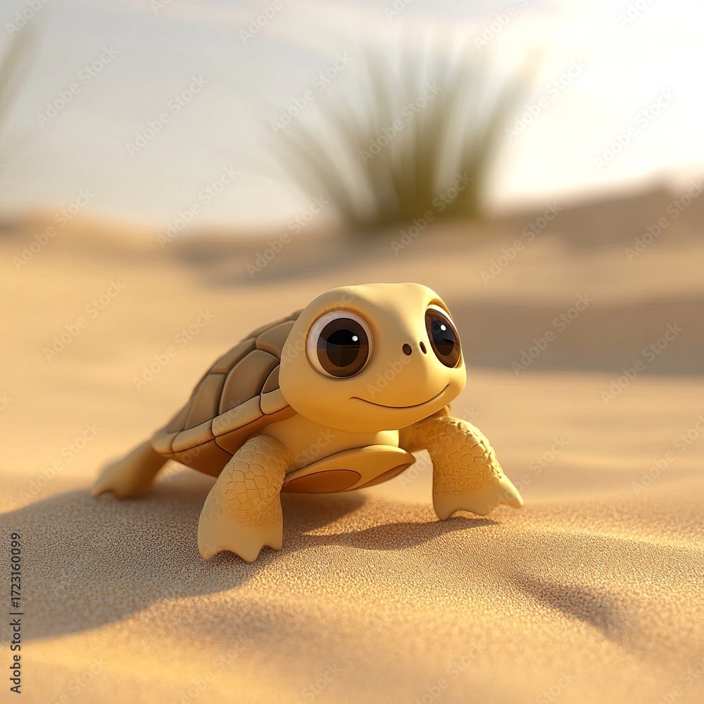 Obraz premium A charming baby turtle makes its way across soft beach sand, showcasing the beauty of nature and the innocence of wildlife under warm sunlight.