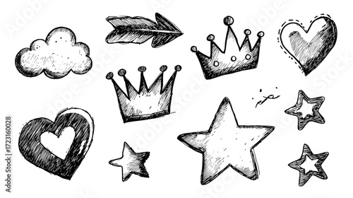 Sketch set of crown star heart arrow and cloud in black i. vector illustration