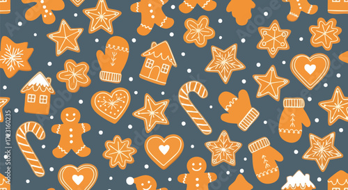 Delightful Christmas gingerbread cookie pattern with festive shapes like gingerbread men, stars, hearts, mittens, candy canes, and houses perfect for holiday decor