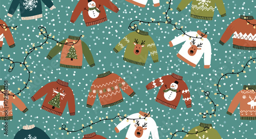 Whimsical Christmas sweater pattern with festive lights and falling snow creates a cozy holiday atmosphere for seasonal designs