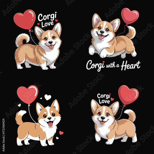 Corgi dogs with red heart balloons puppy red balloon