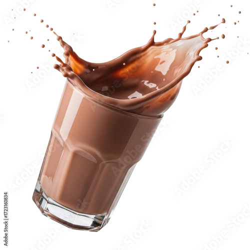 3d icon of chocolate milk splashing out of a glass isolated on transparent background