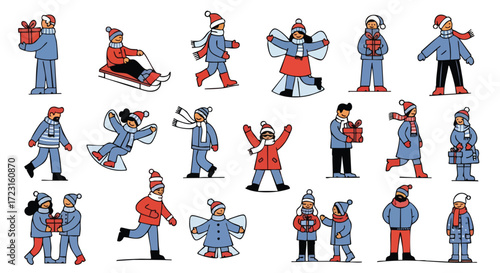 Joyful diverse people celebrating winter holidays with gifts and snowy fun, perfect for seasonal campaigns and festive designs