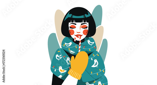 Whimsical winter scene featuring a stylish woman enjoying a candy cane with festive birds and lights, perfect for holiday promotions and social media