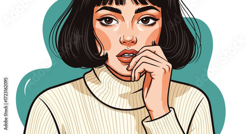 Introspective woman with dark hair contemplating decisions, striking pose for beauty and fashion advertising campaigns, artistic portrait illustration