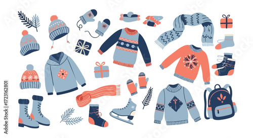 Cozy winter clothing collection featuring knitted hats, scarves, sweaters, mittens, socks, boots, ice skates, and backpack for festive holiday designs.