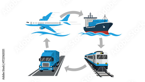 Interconnected transportation, representing complex supply chain logistics, connects air, sea, rail, and road. Interconnected transportation illustrates global trade, shipping routes, cargo.