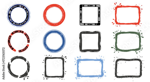 Round and square frames set with grunge brush textured ed. vector illustration